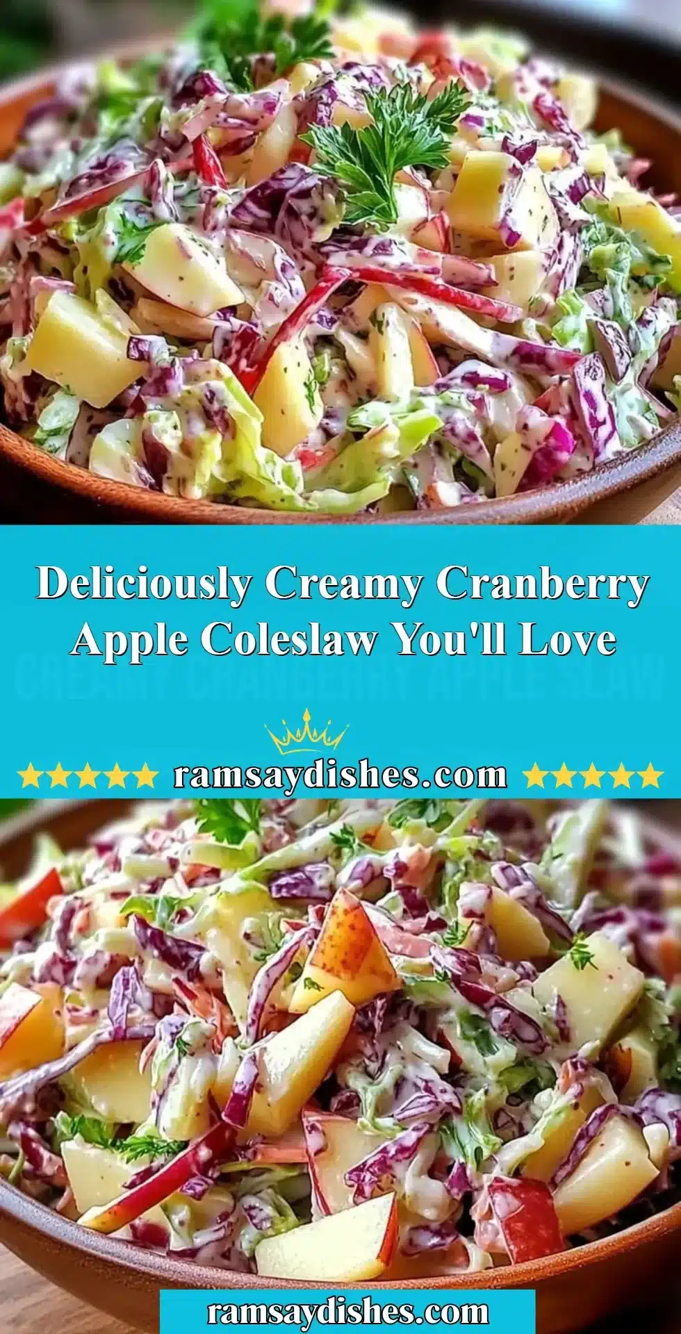 Creamy cranberry apple coleslaw in a bowl with fresh apples and cranberries