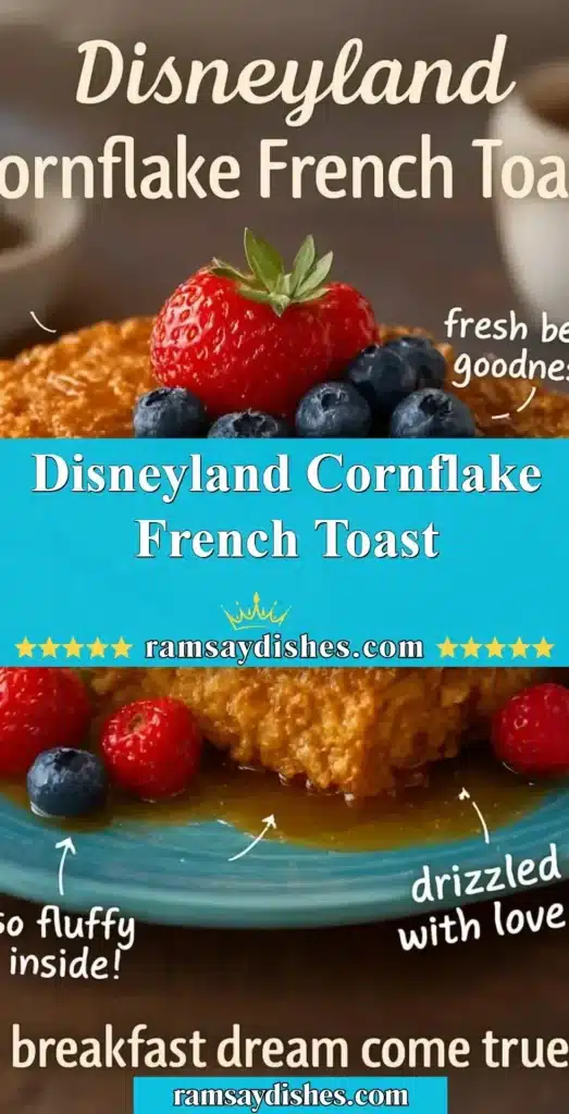 Delicious Disneyland Cornflake French Toast garnished with fruit and syrup