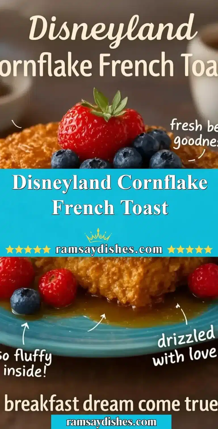 Delicious Disneyland Cornflake French Toast garnished with fruit and syrup