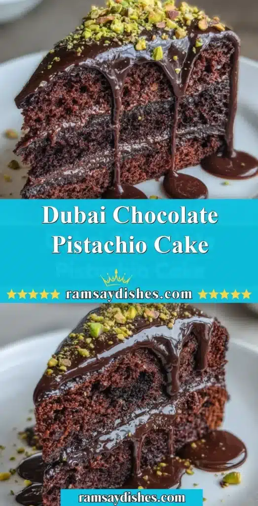 Decadent Dubai Chocolate Pistachio Cake topped with chocolate ganache and nuts.