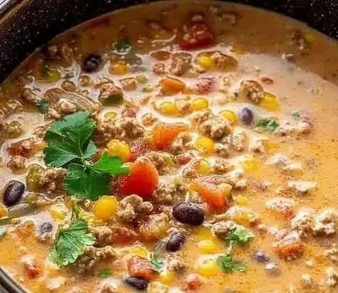Delicious bowl of creamy taco soup with toppings