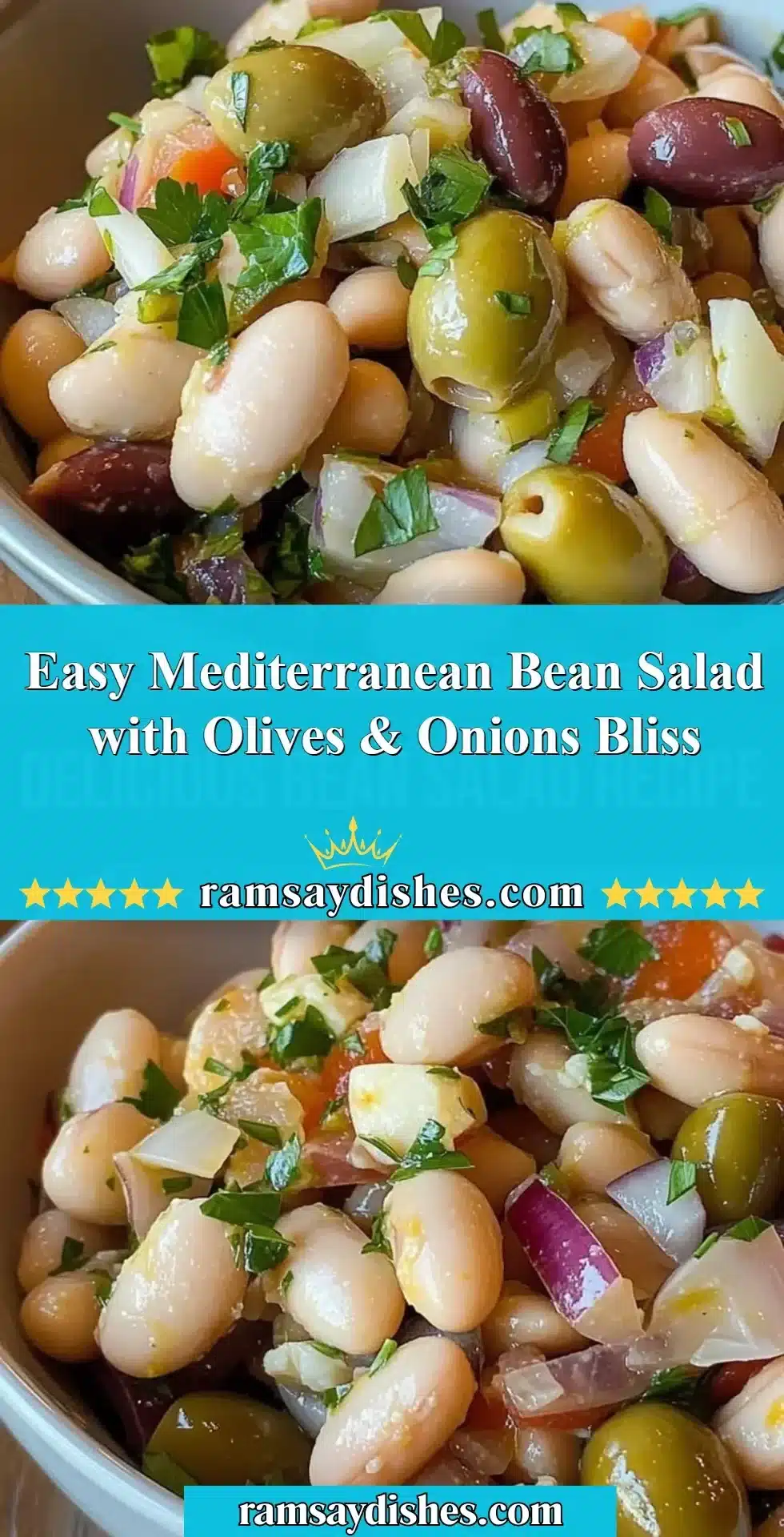 Mediterranean Bean Salad with olives and onions in a bowl