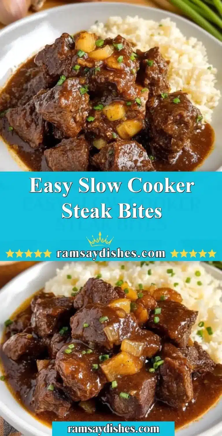 Easy Slow Cooker Steak Bites 9 Tender slow cooker steak bites with savory seasoning in a dish.