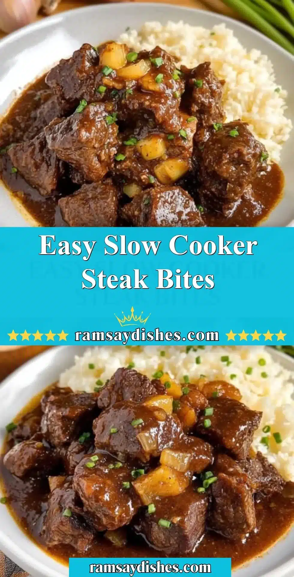 Tender slow cooker steak bites with savory seasoning in a dish.