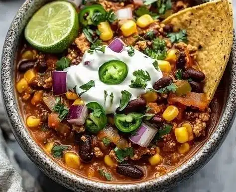 Bowl of Easy Turkey Taco Soup topped with fresh cilantro and lime.
