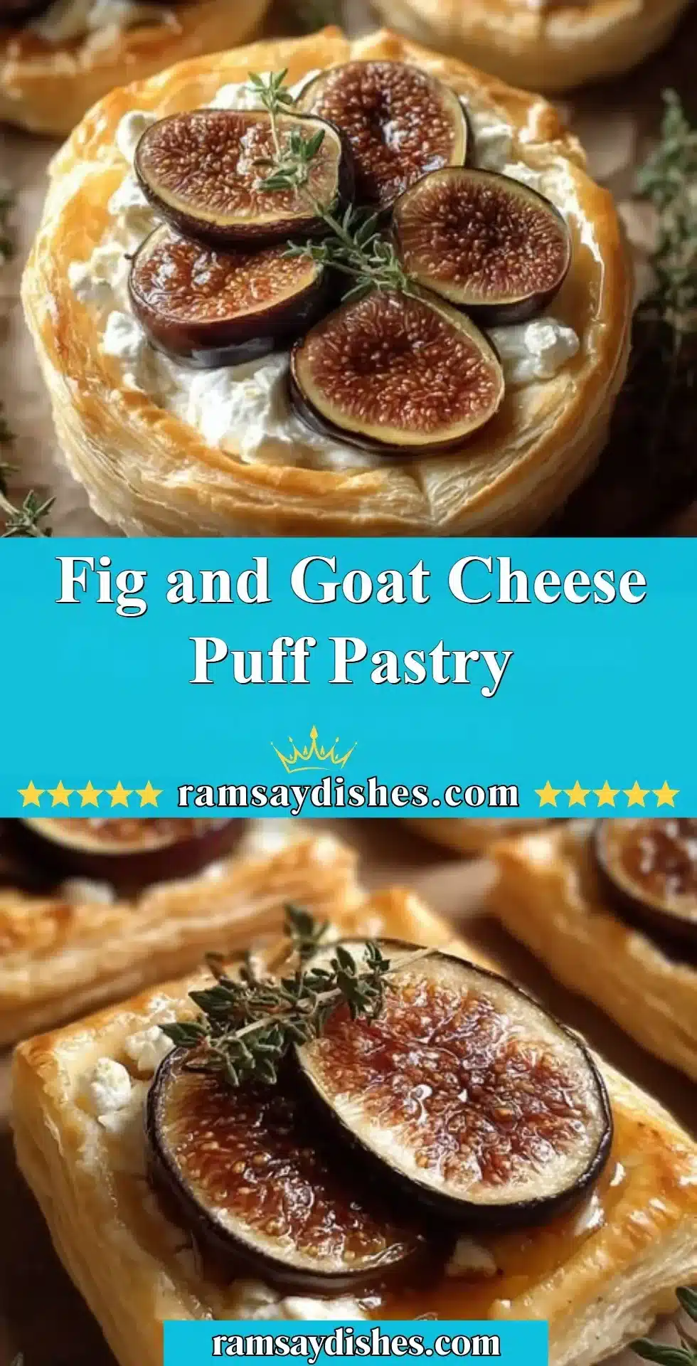 Fig and goat cheese puff pastry topped with fresh figs and herbs.