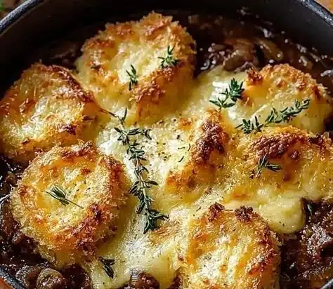 French Onion Beef Stew with Cheesy Bread Topping 9 French onion beef stew with a cheesy bread topping served in a rustic bowl