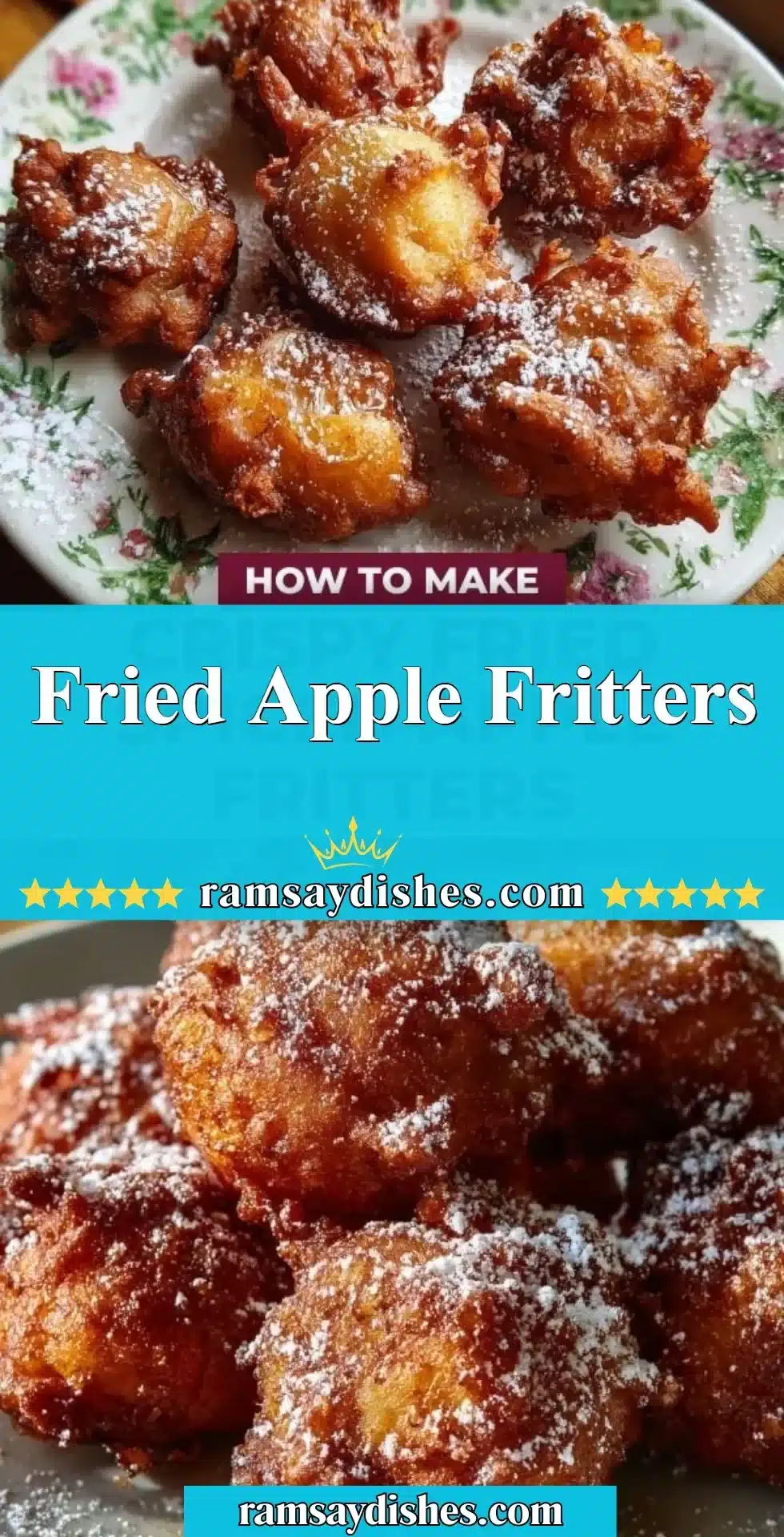 Fried Apple Fritters 2 Freshly made fried apple fritters dusted with powdered sugar