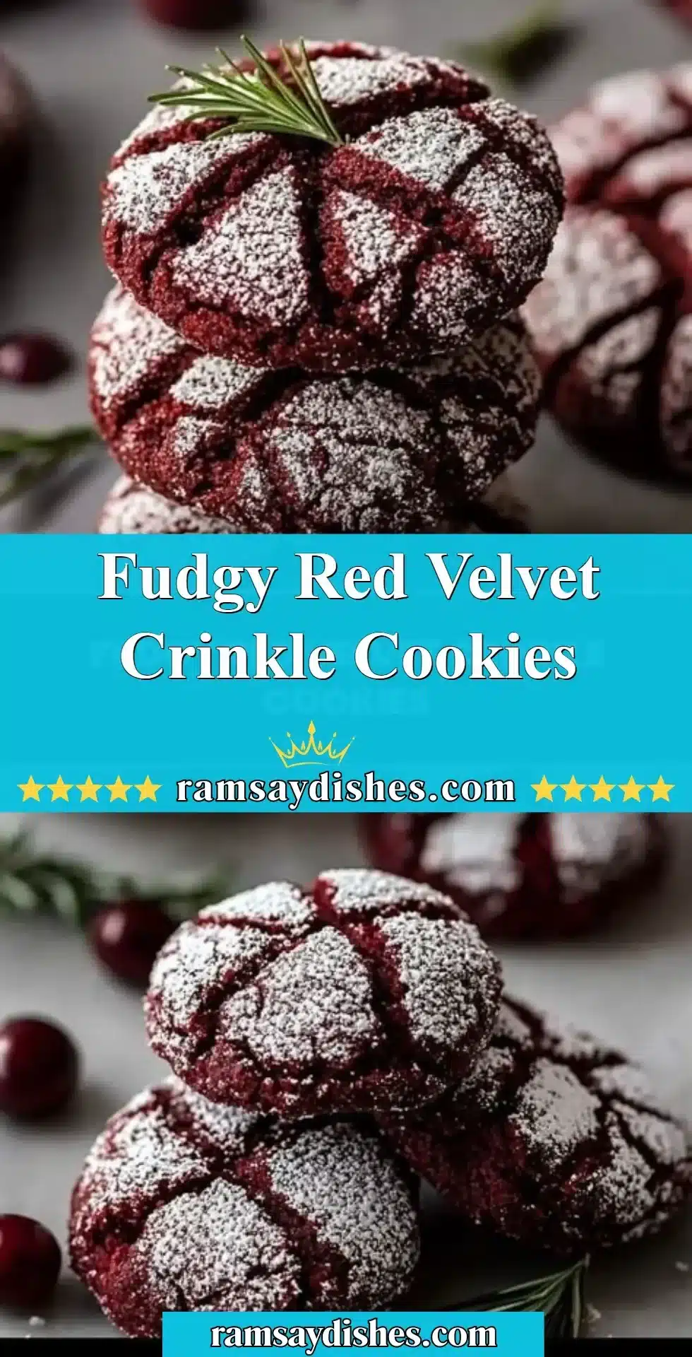 Fudgy red velvet crinkle cookies on a plate, showcasing their rich color and texture.