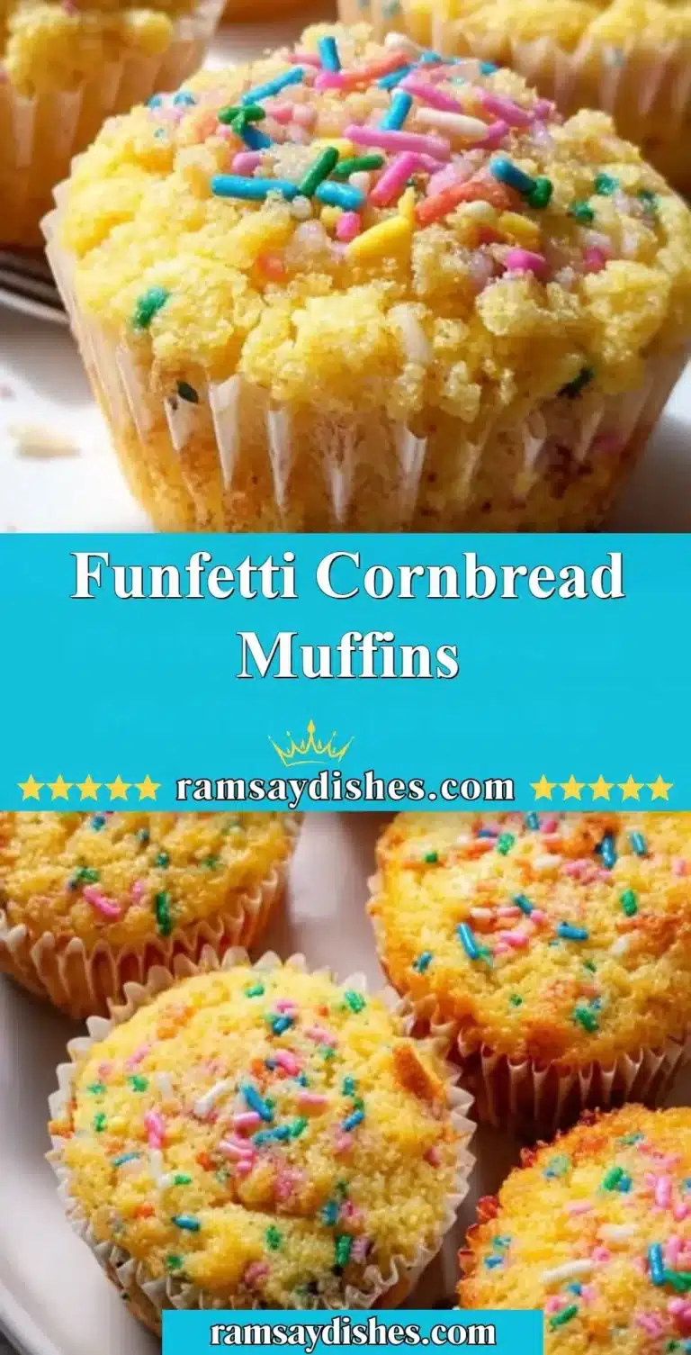Delicious Funfetti Cornbread Muffins with colorful sprinkles on a wooden table.
