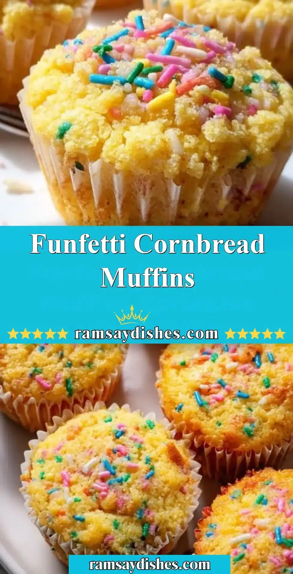 Delicious Funfetti Cornbread Muffins with colorful sprinkles on a wooden table.