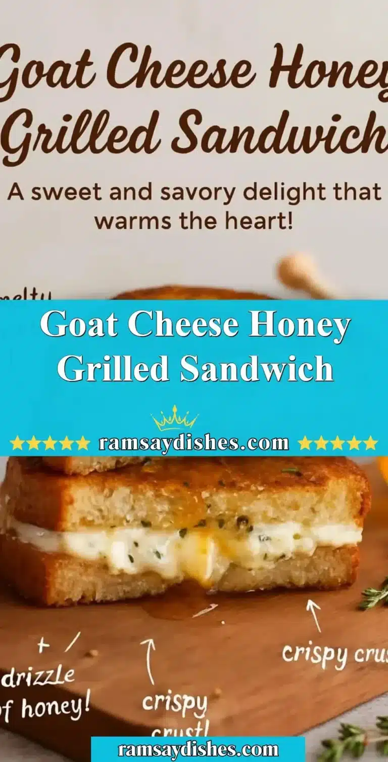 Grilled goat cheese honey sandwich on wooden plate, garnished with fresh herbs