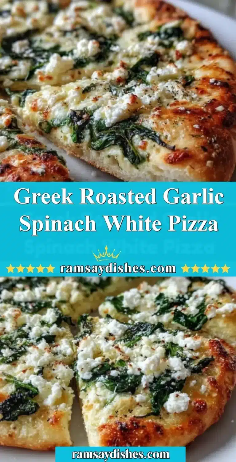 Greek Roasted Garlic Spinach White Pizza topped with fresh ingredients