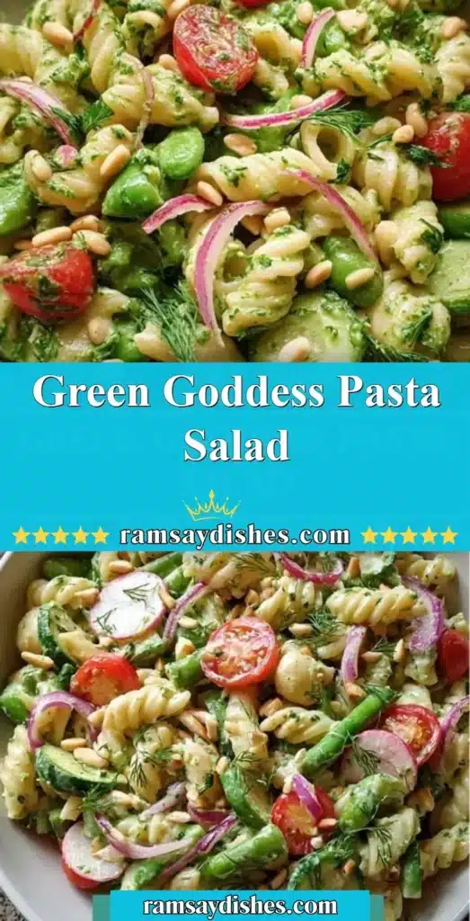 Green Goddess Pasta Salad with fresh herbs and colorful vegetables