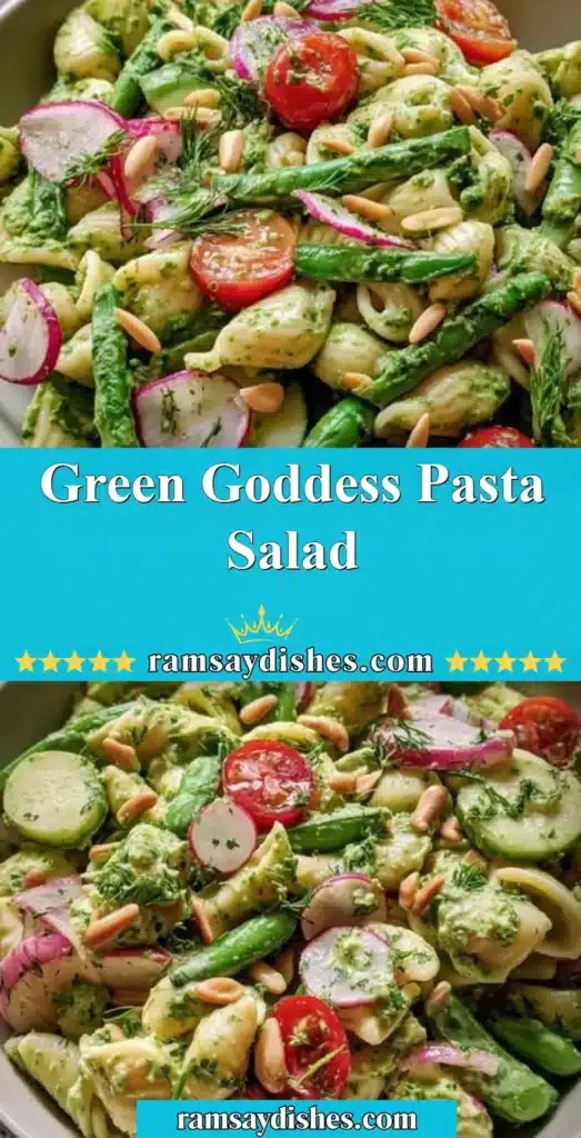 Colorful Green Goddess Pasta Salad with fresh vegetables