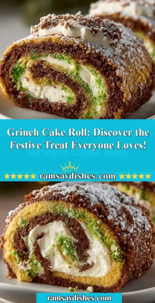Delicious Grinch Cake Roll decorated for the holidays with festive colors