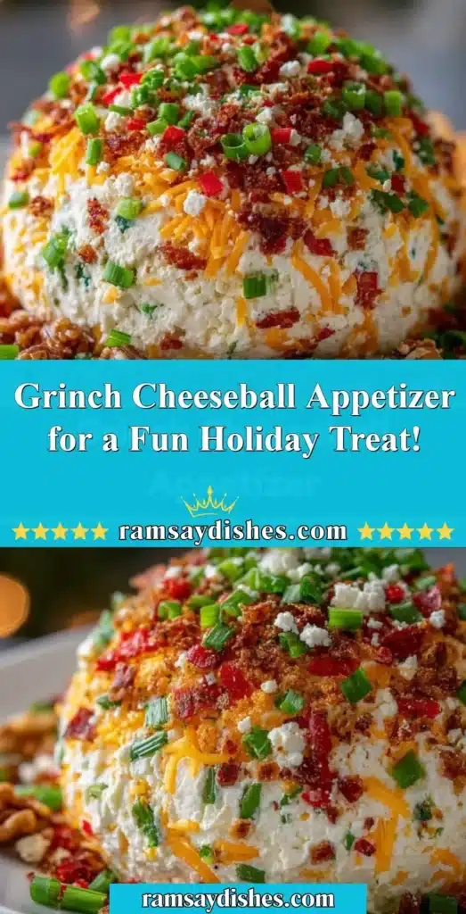 Festive Grinch cheeseball appetizer for holiday parties.