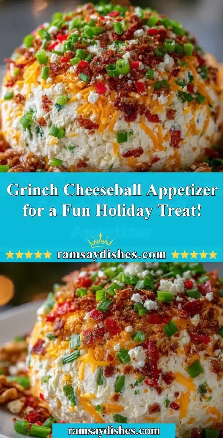 Festive Grinch cheeseball appetizer for holiday parties.
