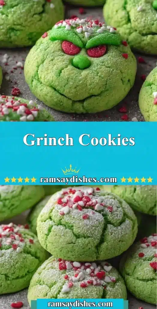 Festive green Grinch Cookies decorated with red icing and sprinkles