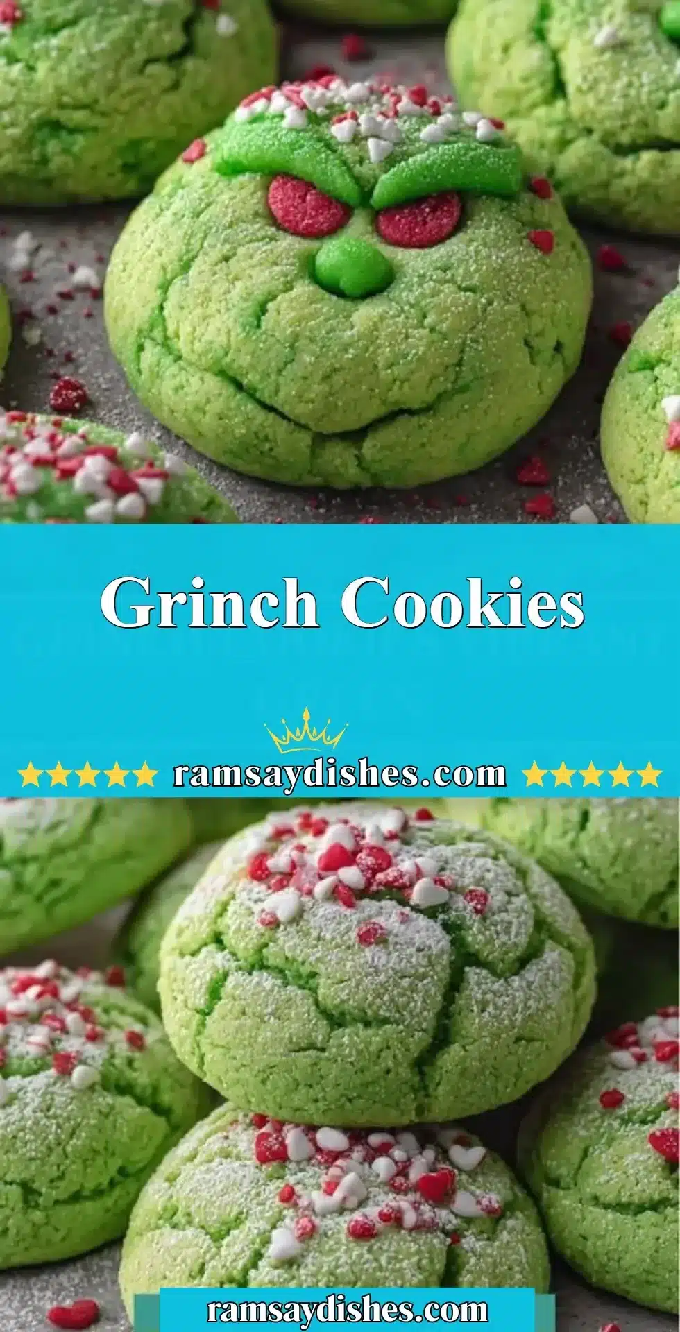 Grinch Cookies 2 Festive green Grinch Cookies decorated with red icing and sprinkles