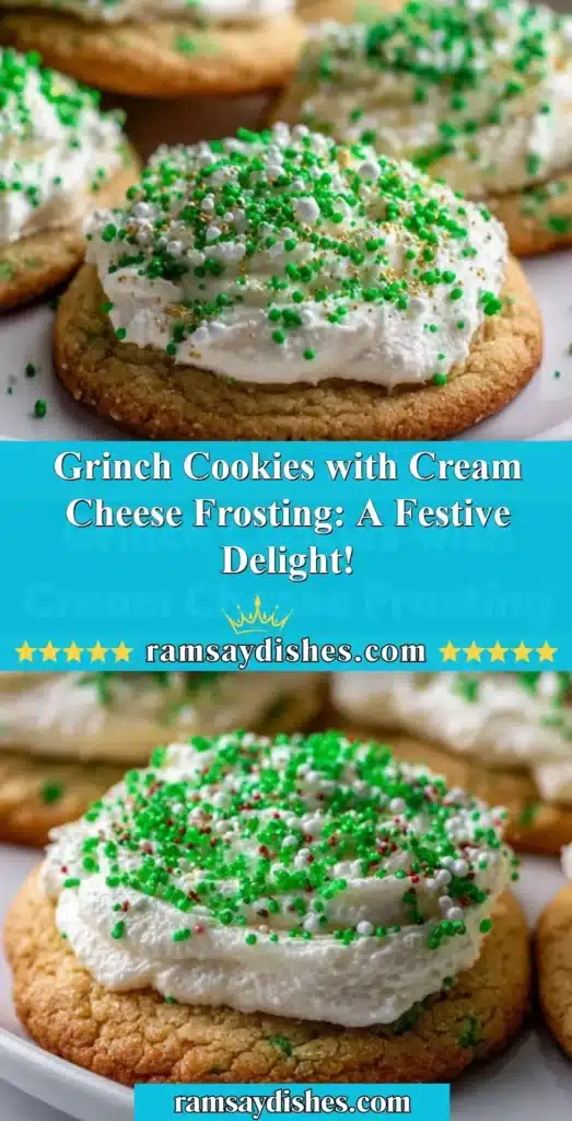 Festive Grinch Cookies with cream cheese frosting for holiday celebrations.