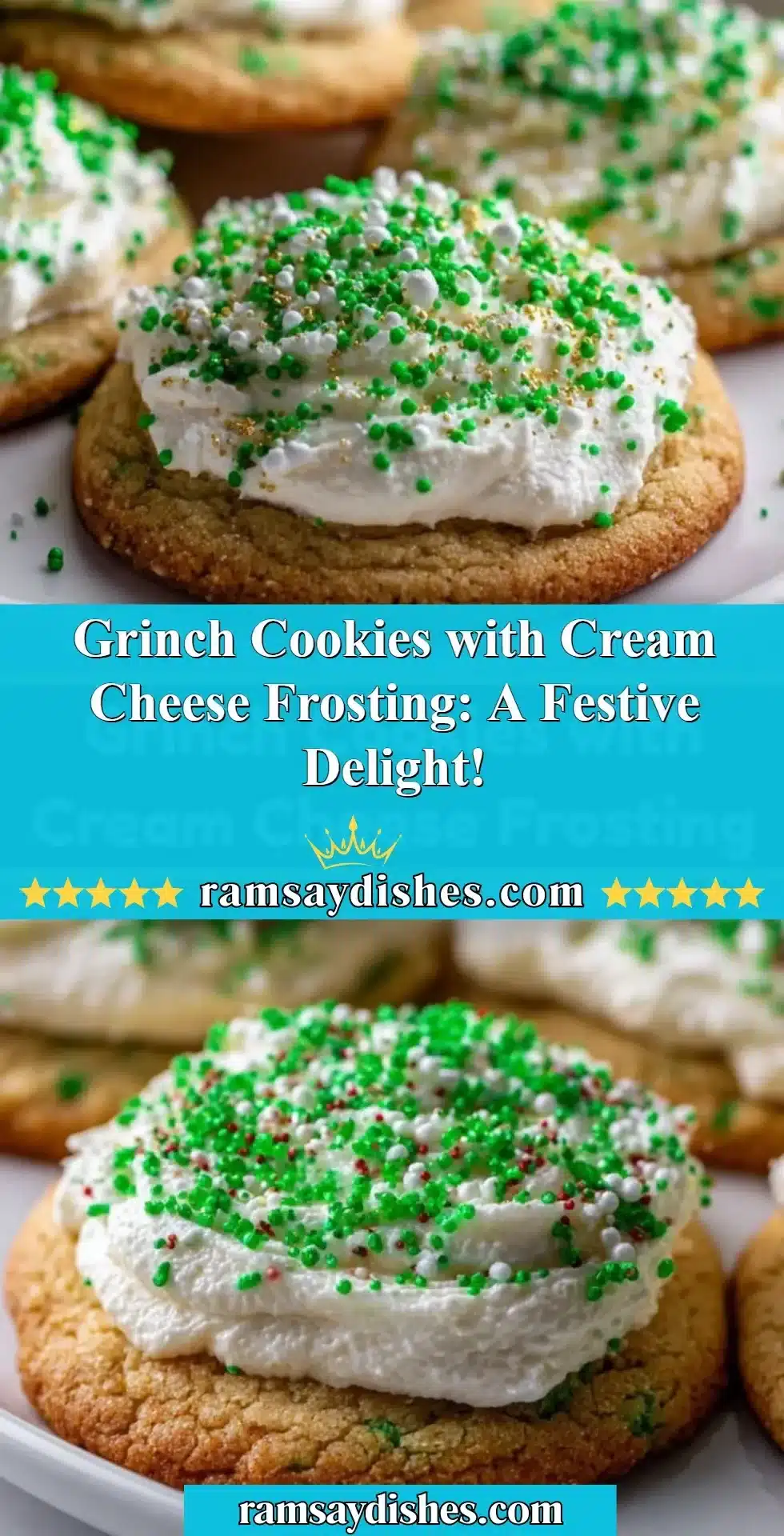 Festive Grinch Cookies with cream cheese frosting for holiday celebrations.