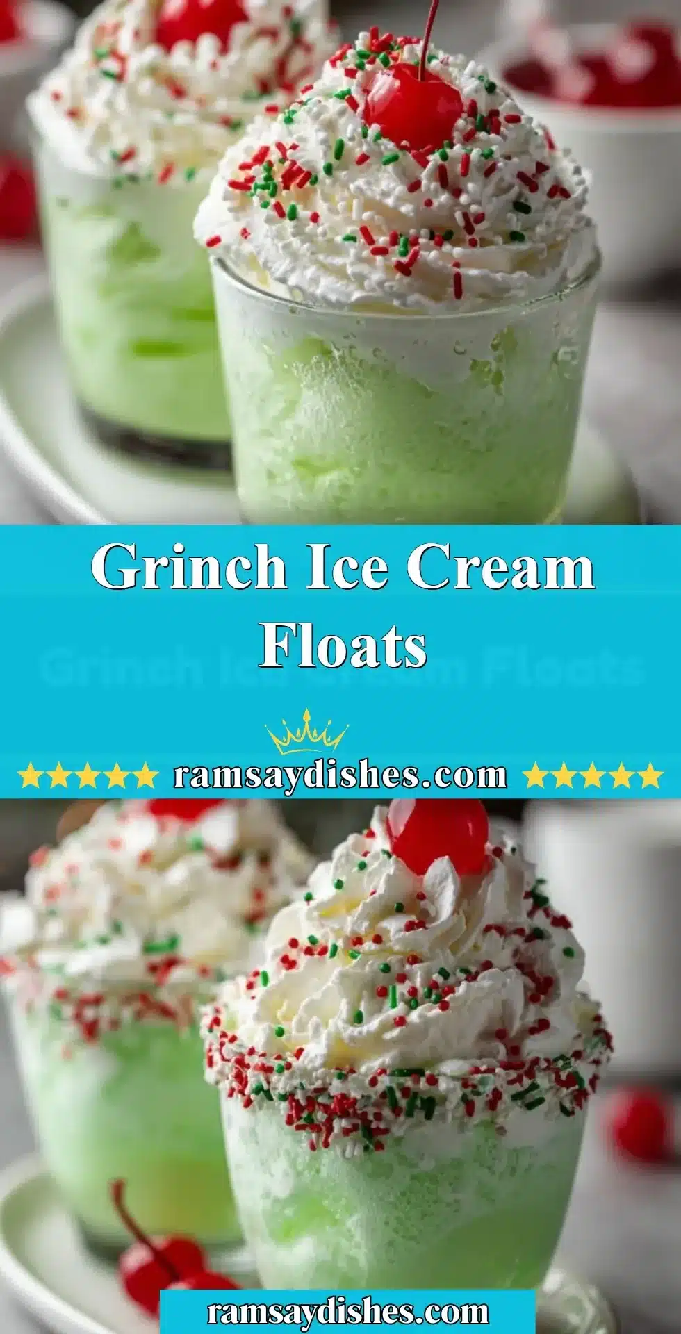 Festive Grinch Ice Cream Floats in a glass with colorful toppings