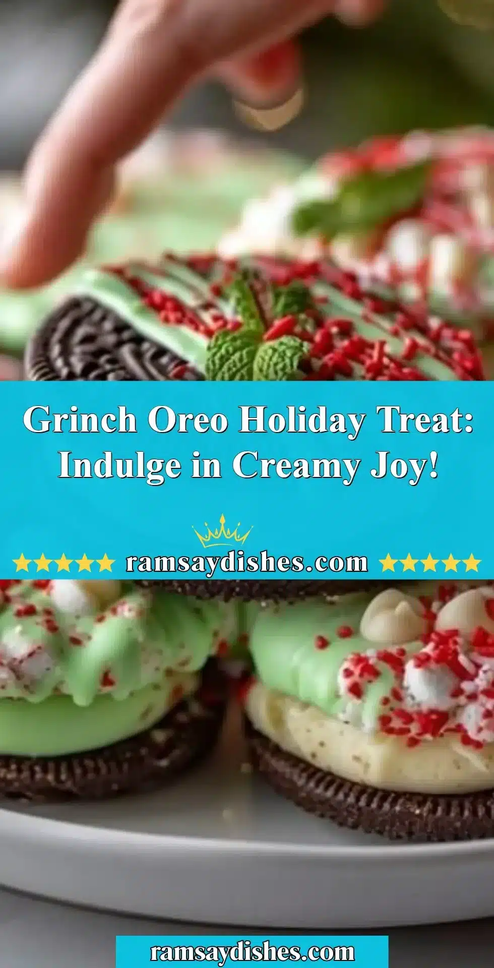 Grinch Oreo Holiday Treat: Indulge in Creamy Joy! 2 Delicious Grinch Oreo holiday treat with green cream filling and festive decorations.