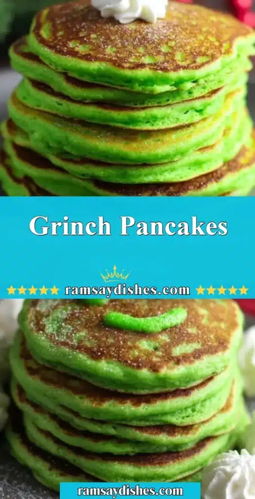 Festive Grinch Pancakes decorated with green batter and holiday toppings