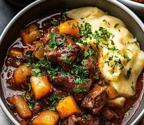 Delicious bowl of hearty Guinness beef stew with tender beef and vegetables