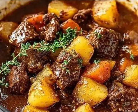 Guinness Beef Stew 7 A bowl of rich and hearty Guinness Beef Stew topped with fresh herbs.