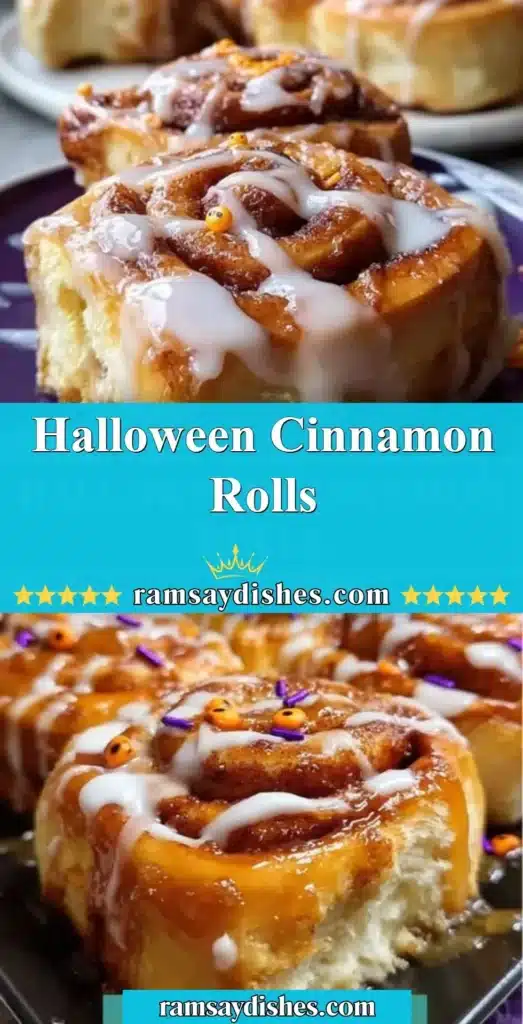 Spooky Halloween cinnamon rolls with festive icing and Halloween decorations.