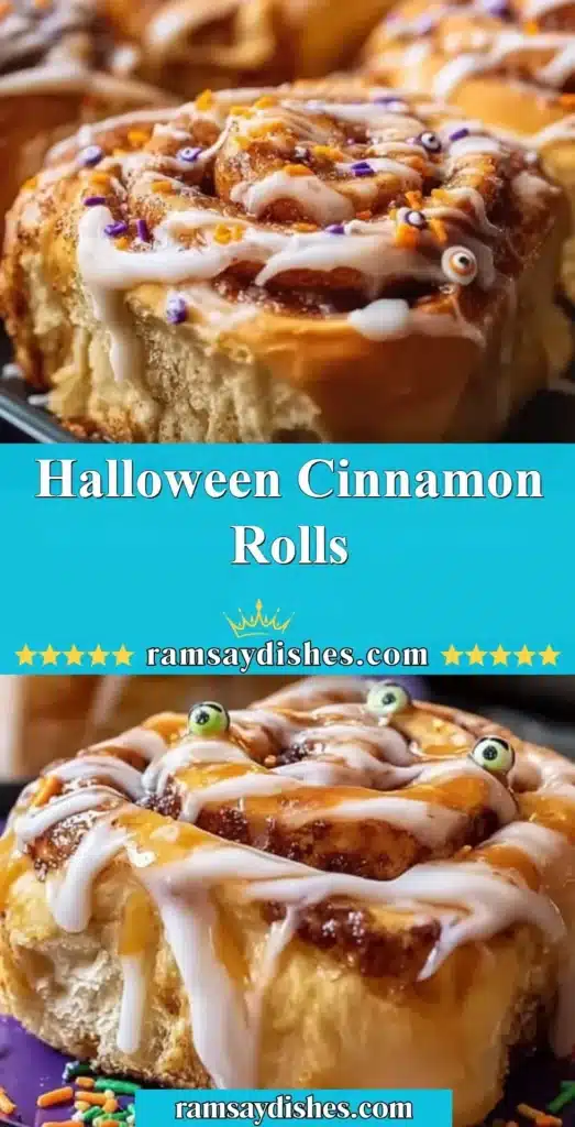 Halloween-themed cinnamon rolls with spooky decorations