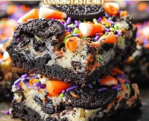 Delicious Halloween Oreo Cake Bars decorated with festive Halloween themes