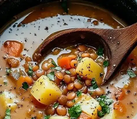 Bowl of hearty lentil and potato soup topped with fresh herbs