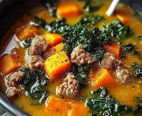 Hearty Sausage Sweet Potato Kale Soup 5 Bowl of hearty sausage sweet potato kale soup garnished with fresh herbs