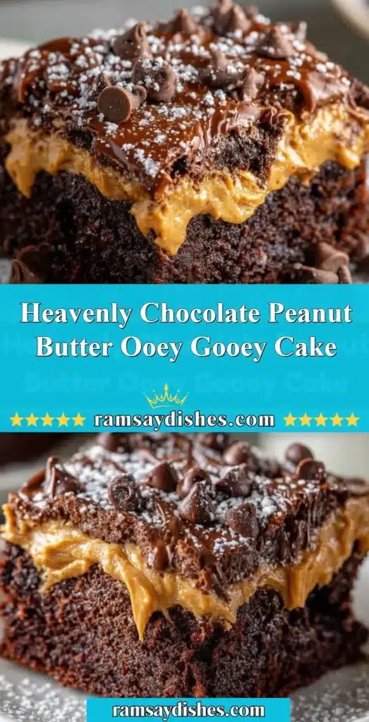 Heavenly chocolate peanut butter ooey gooey cake topped with creamy frosting.