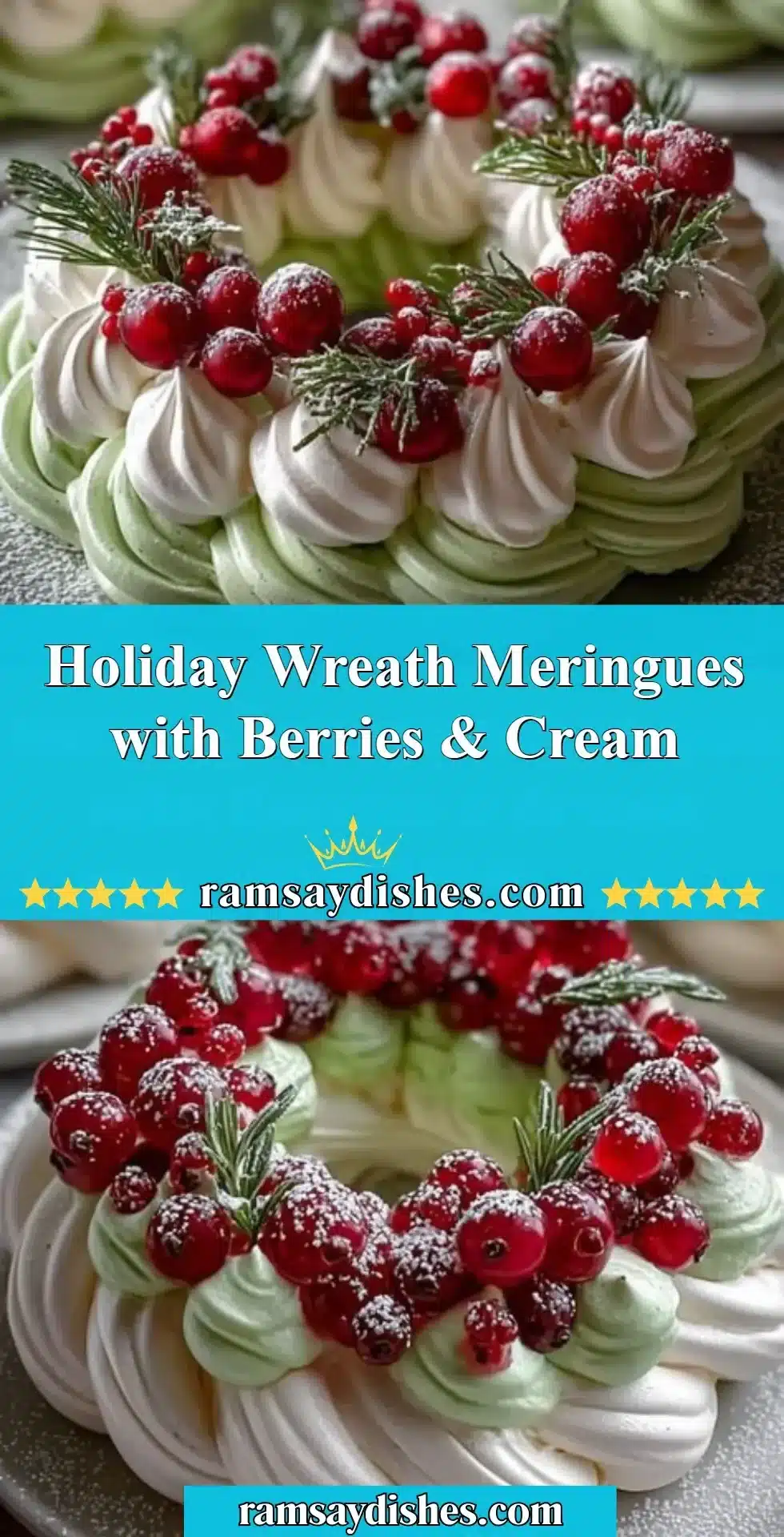 Festive holiday wreath meringues decorated with berries and cream
