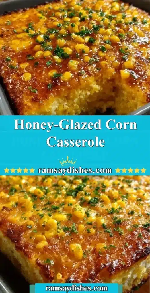 Honey-Glazed Corn Casserole topped with a golden glaze, served in a dish