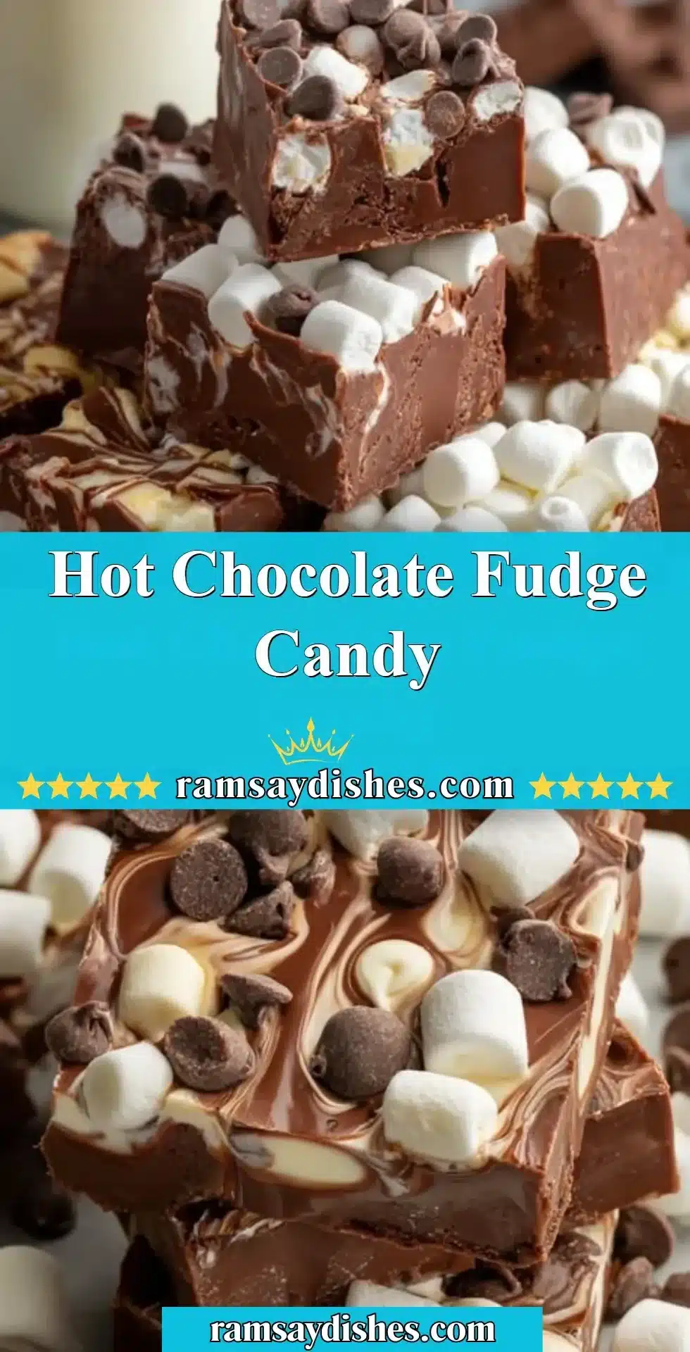 Delicious hot chocolate fudge candy topped with marshmallows and chocolate drizzle.