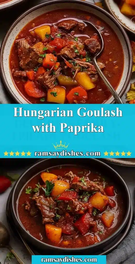Bowl of Hungarian Goulash with paprika, garnished with fresh herbs.