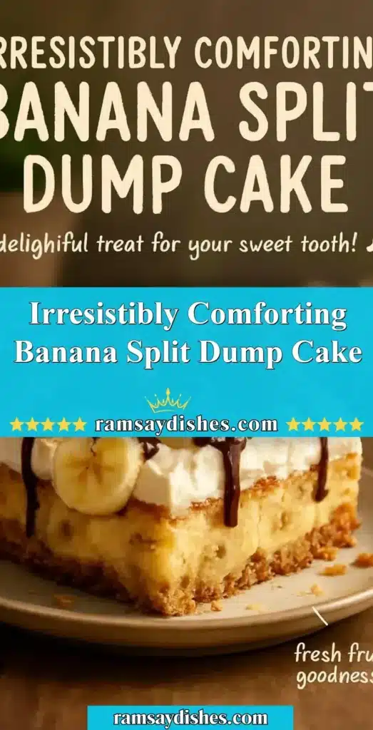 Delicious banana split dump cake topped with chocolate, bananas, and cherries