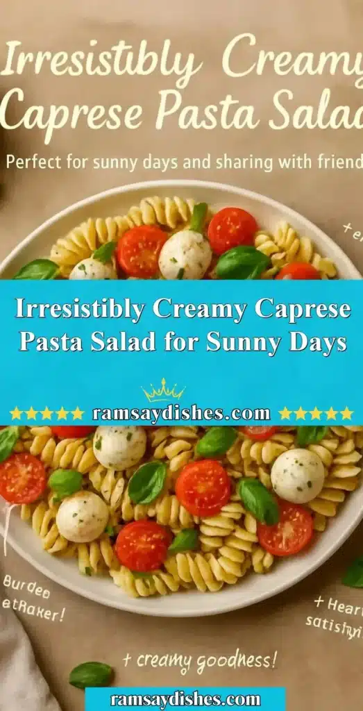 Creamy Caprese Pasta Salad with fresh tomatoes, mozzarella, and basil