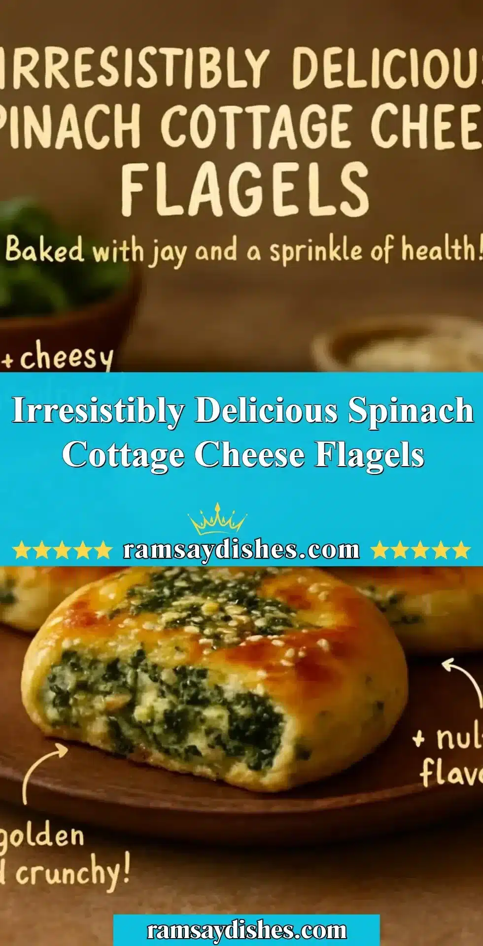 A plate of freshly baked spinach cottage cheese flagels garnished with herbs.