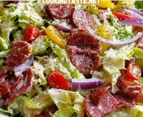 A colorful bowl of Italian Grinder Salad with fresh vegetables and dressing.