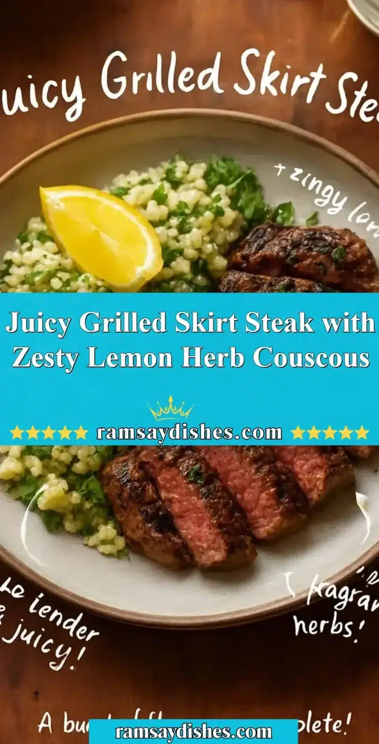 Juicy grilled skirt steak served with lemon herb couscous on a plate.