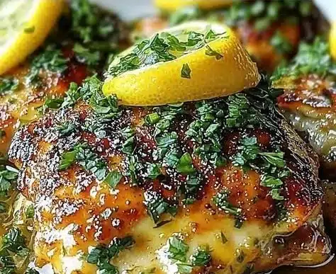 Lemon Butter Chicken Thighs garnished with fresh herbs