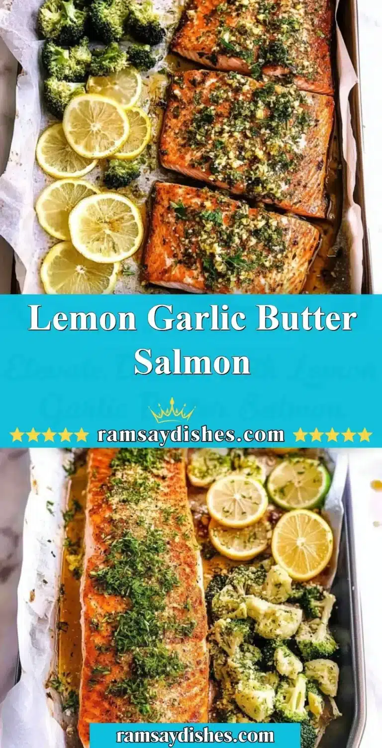 Lemon garlic butter salmon plated with fresh herbs and lemon slices