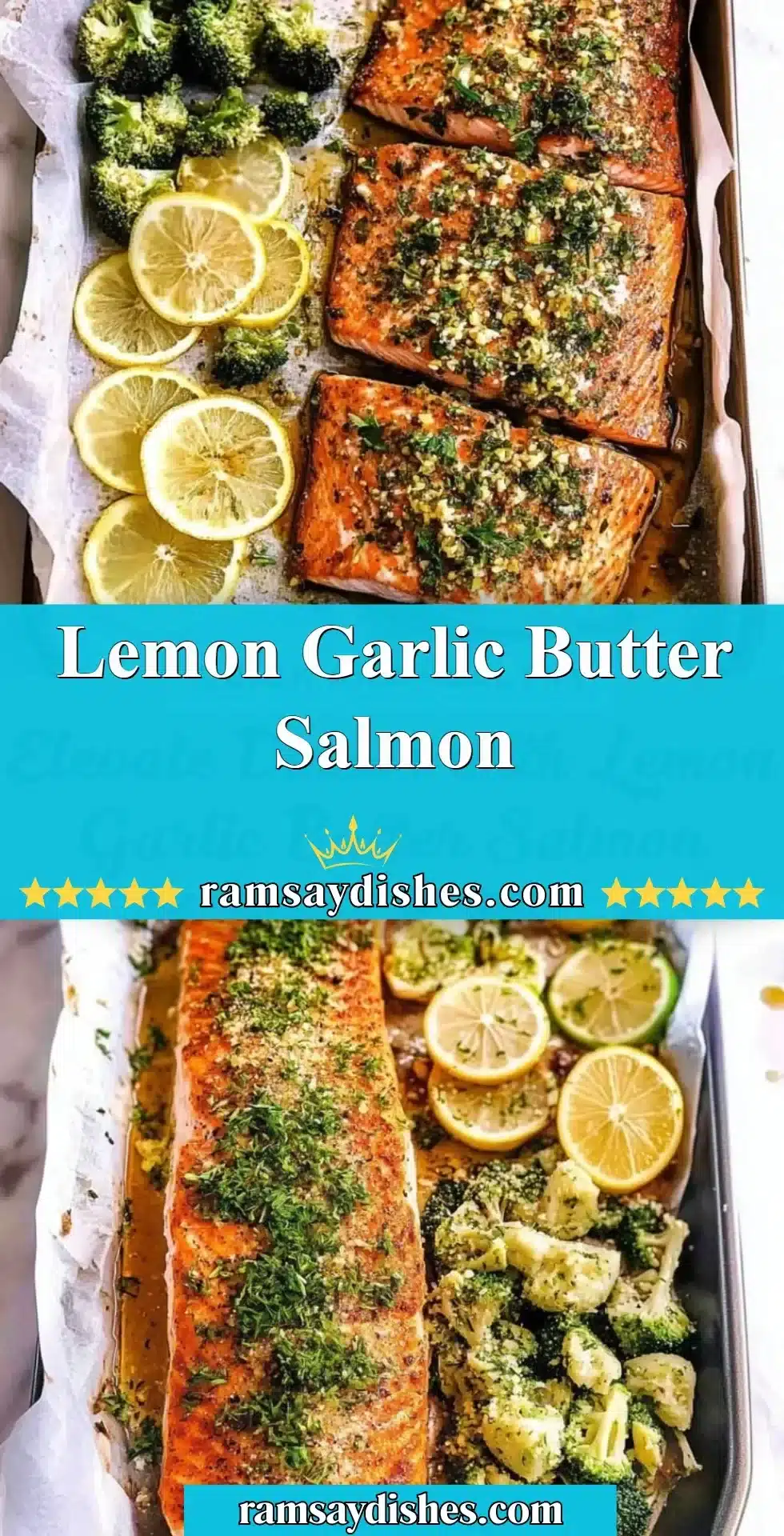 Lemon garlic butter salmon plated with fresh herbs and lemon slices