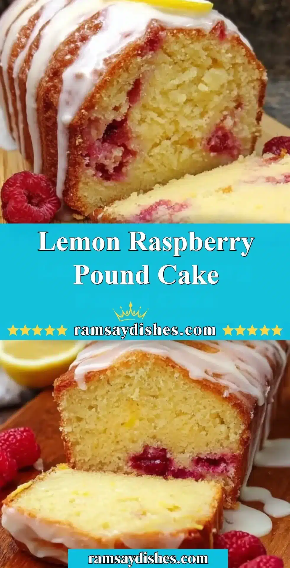 Moist lemon raspberry pound cake with fresh raspberries and a lemon glaze